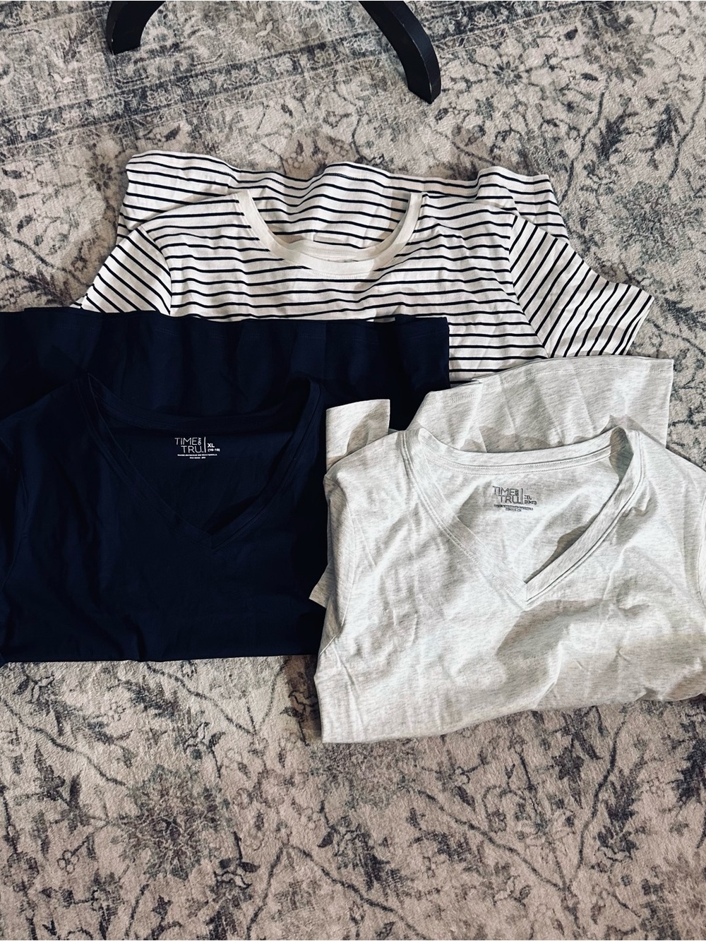 Time and Tru Women's V-Neck Tee Pack - Navy, Light Gray & Striped 2(XL) 1(XXL)